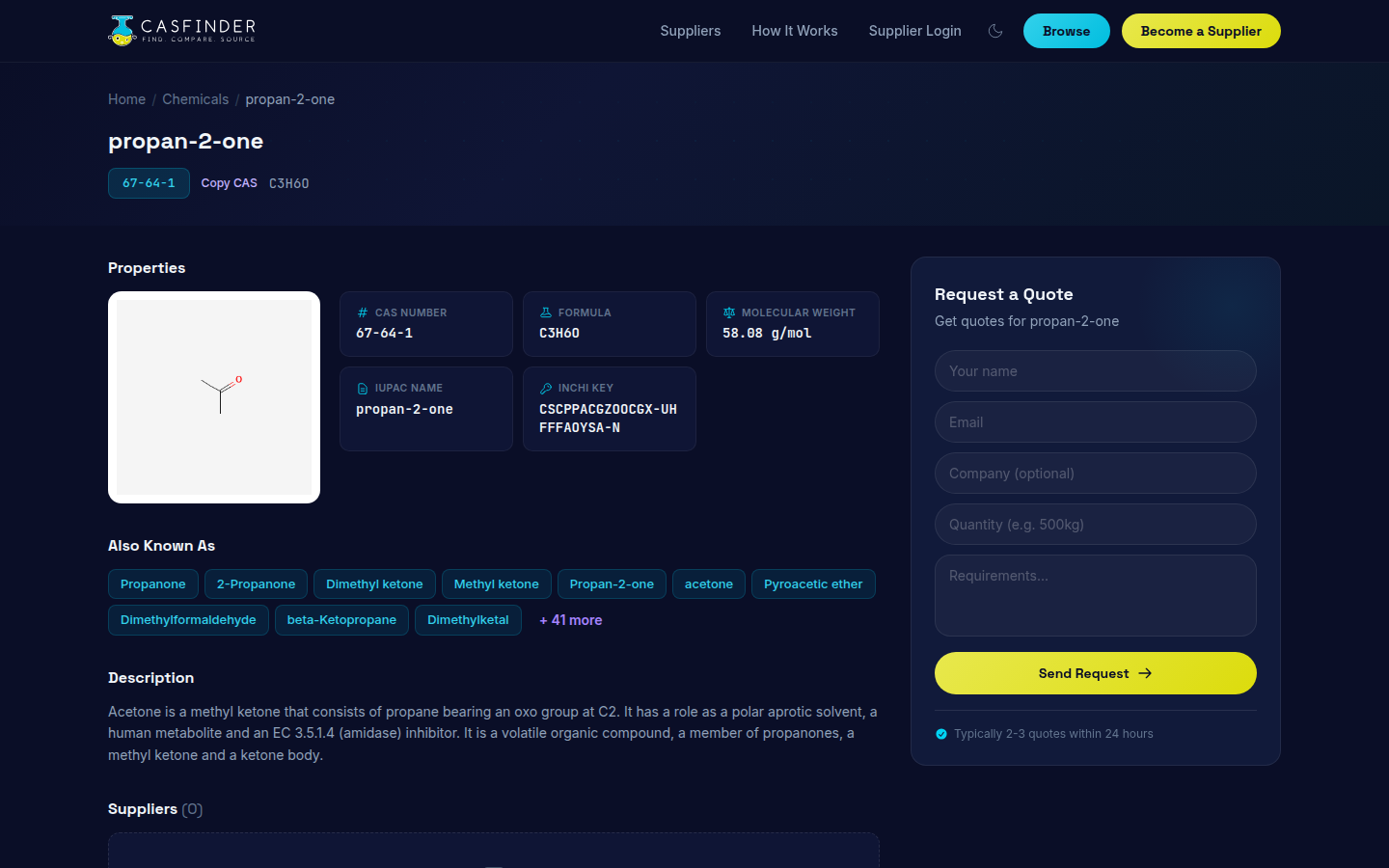 Acetone chemical detail page with properties, synonyms, description, and suppliers