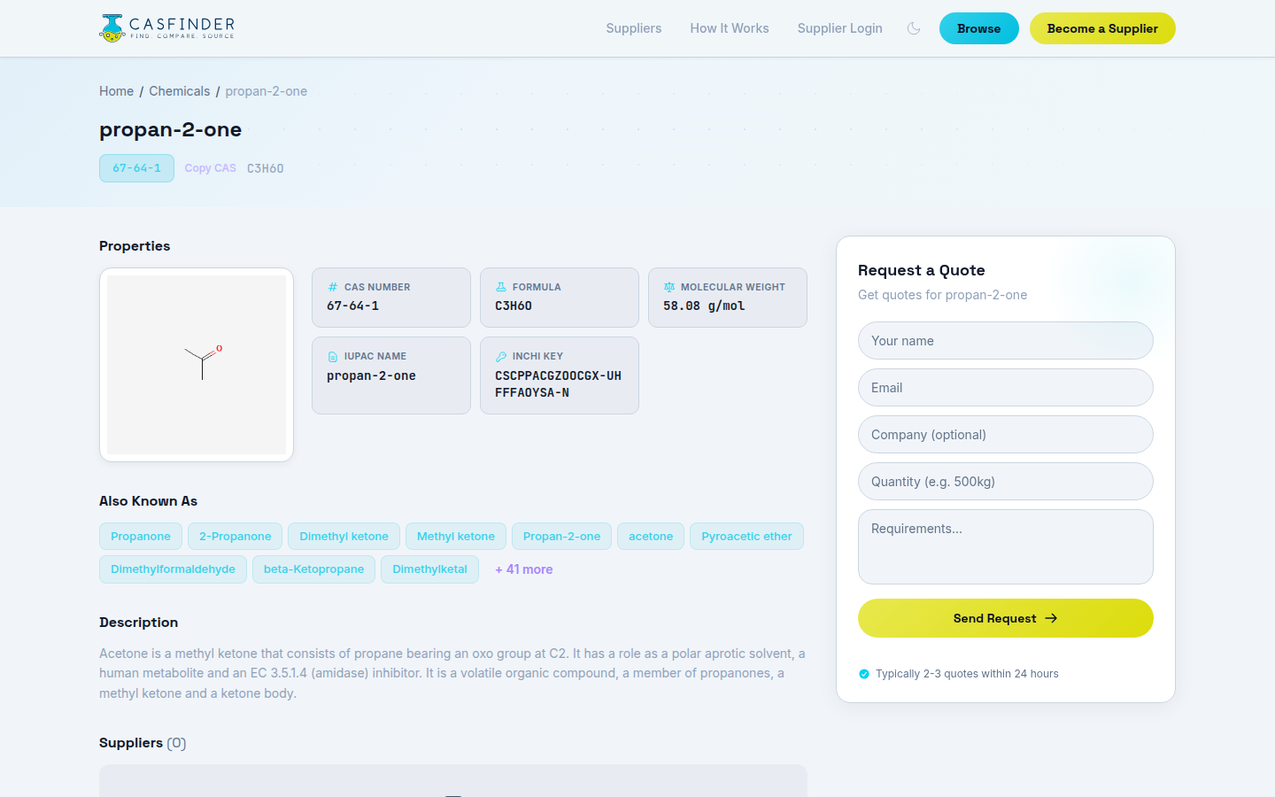 Acetone chemical detail page with properties, synonyms, description, and suppliers