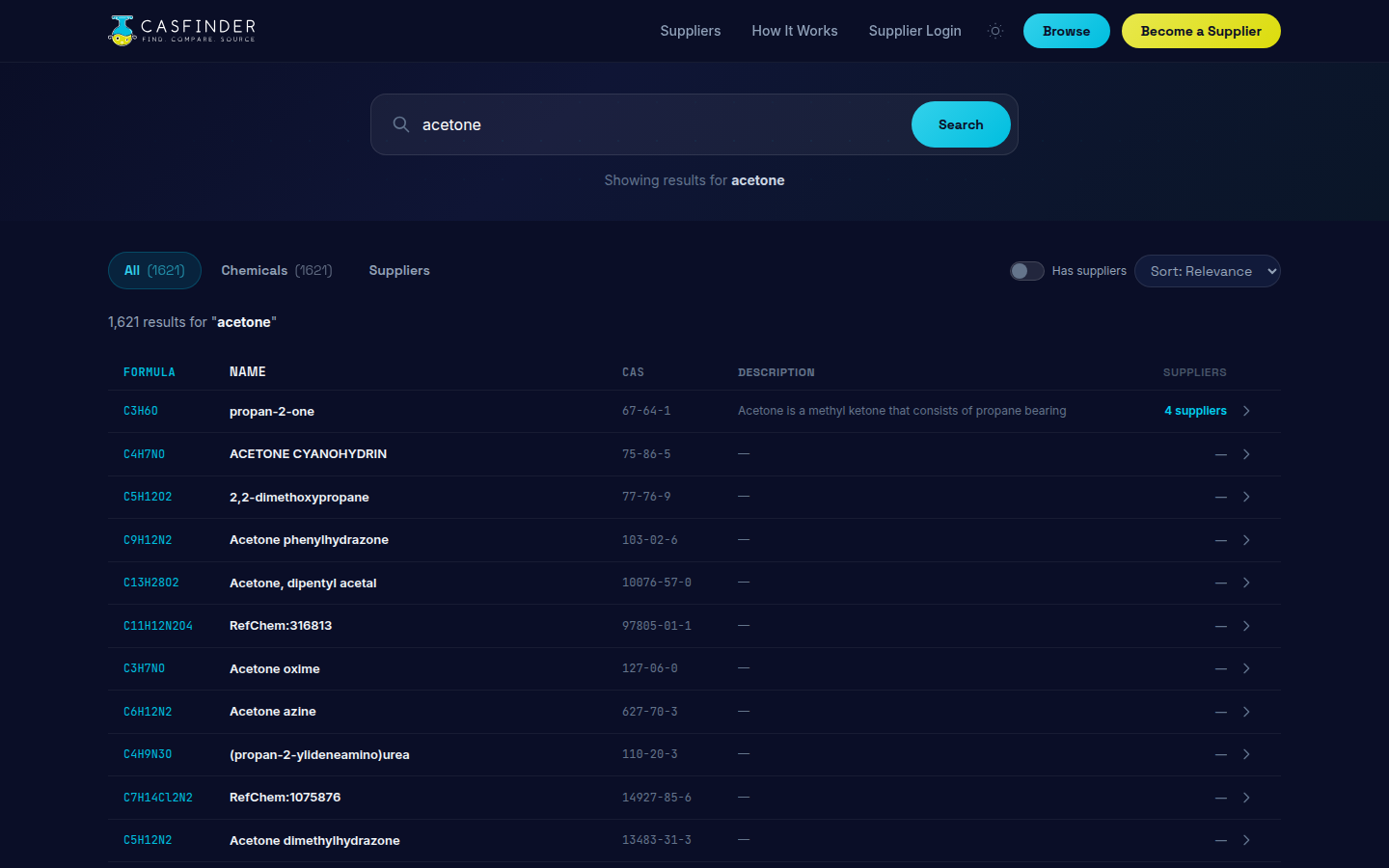 CAS Finder search results showing acetone with formula, CAS number, and supplier count