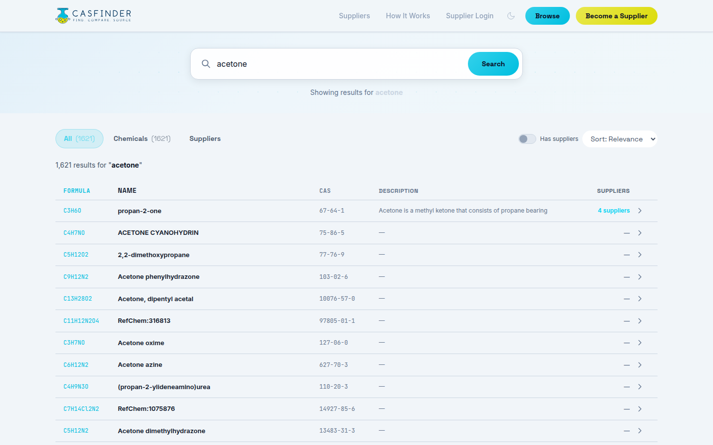 CAS Finder search results showing acetone with formula, CAS number, and supplier count