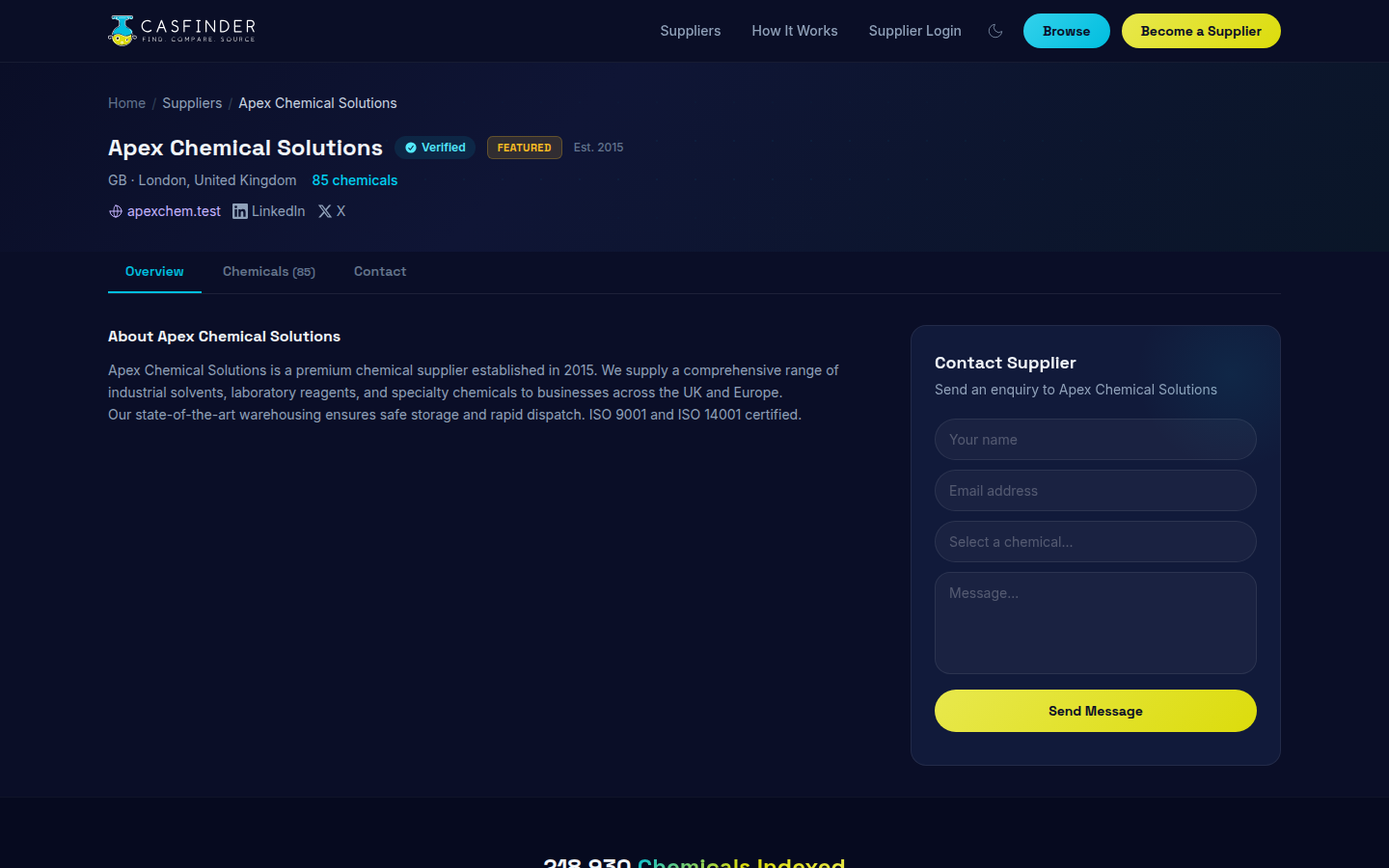 Supplier profile page with contact form and chemical dropdown selector