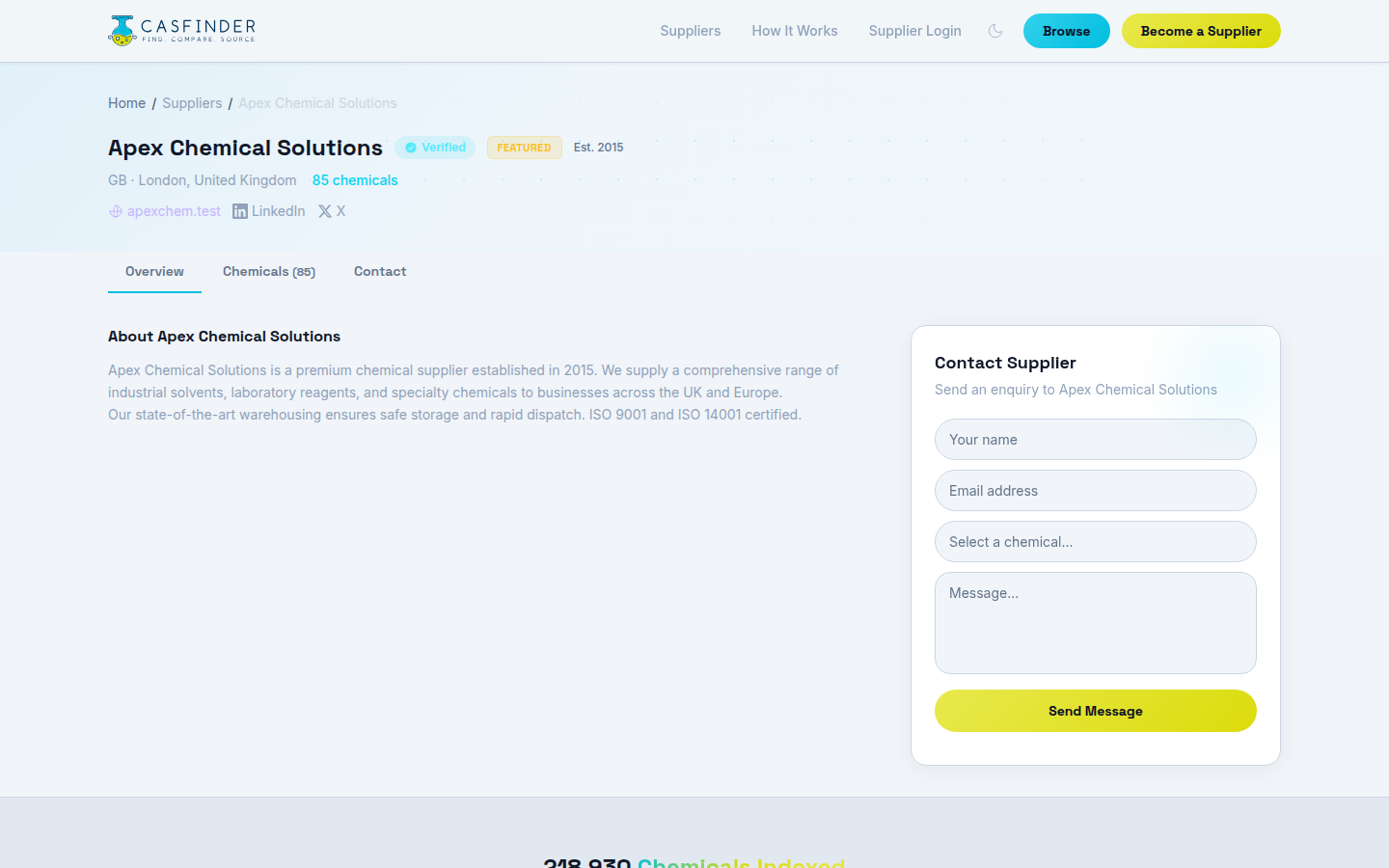 Supplier profile page with contact form and chemical dropdown selector